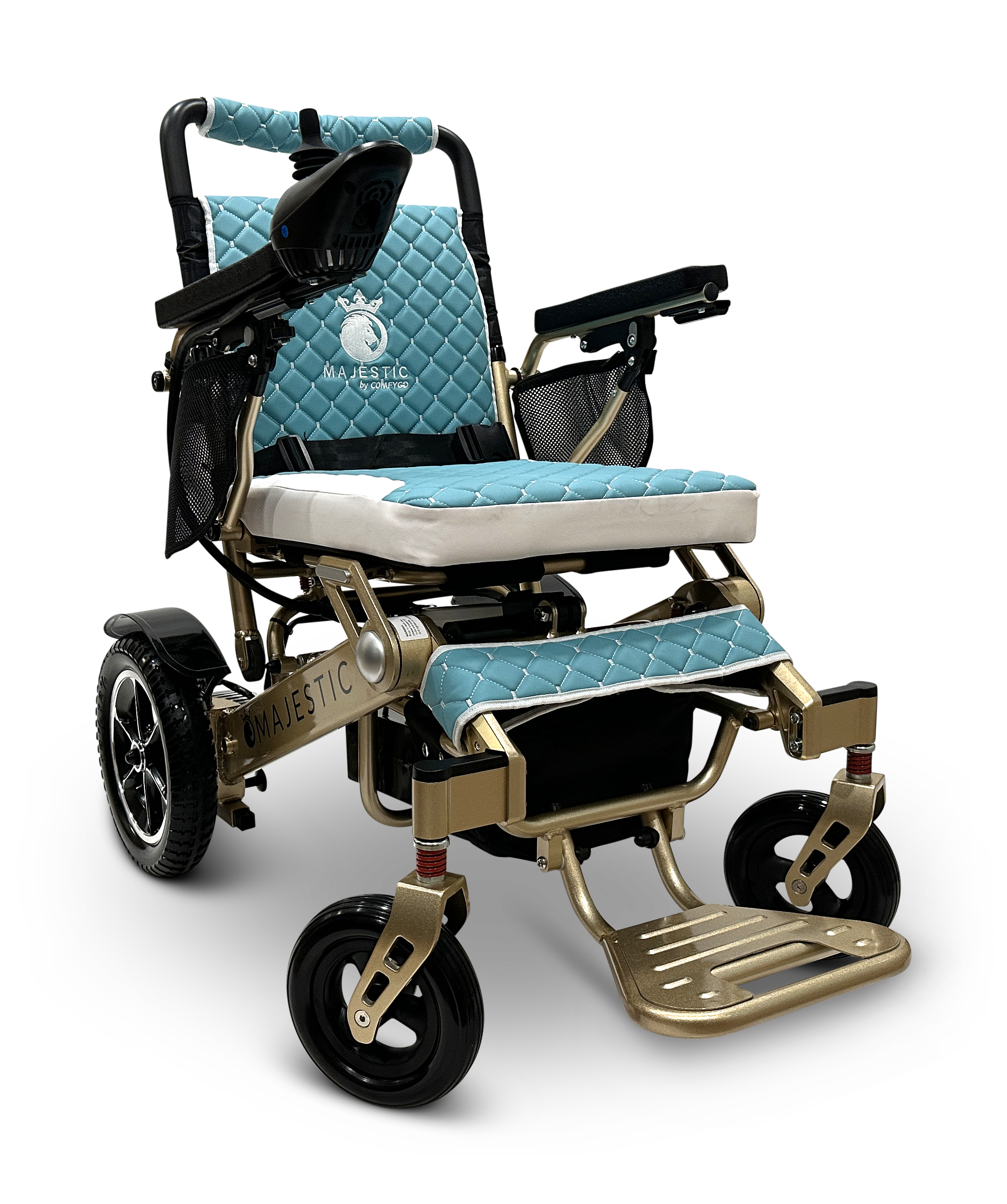 The MAJESTIC IQ-7000 Auto Folding Remote Controlled Electric Wheelchair features a golden frame, quilted turquoise seat, 360-degree joystick control on the armrest, lightweight build with convenient footrests and black tires, showcasing the Majestic brand in its auto-folding design.